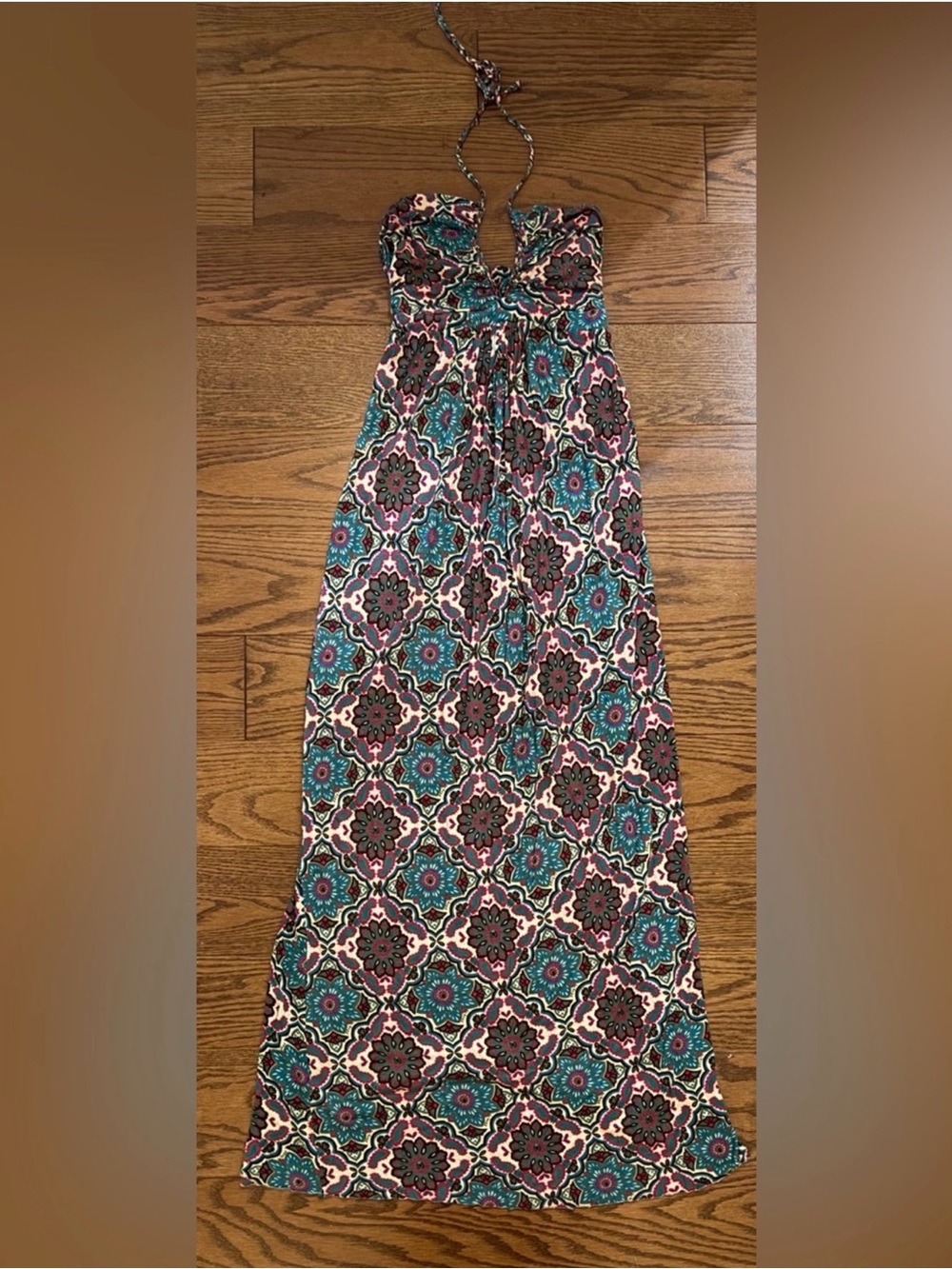 T-Bags Teal, Brown & Cream Halter Maxi Dress